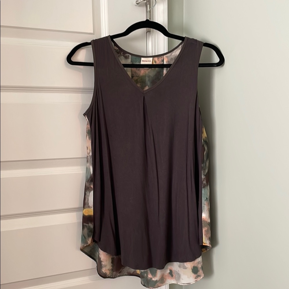 Max Studio Gray Asymmetrical Tank Top with Camouflage Panels